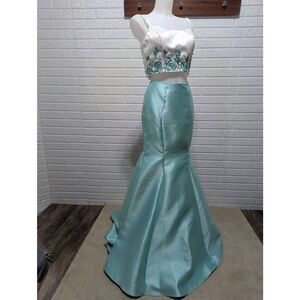 JVN by Jovani Womens White Floral Embroidered Beaded Top Aqua Mermaid Skirt Size